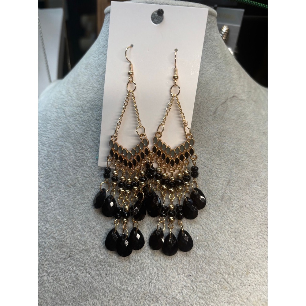 #67. Boho Black Beaded Chandelier Dangle Earrings